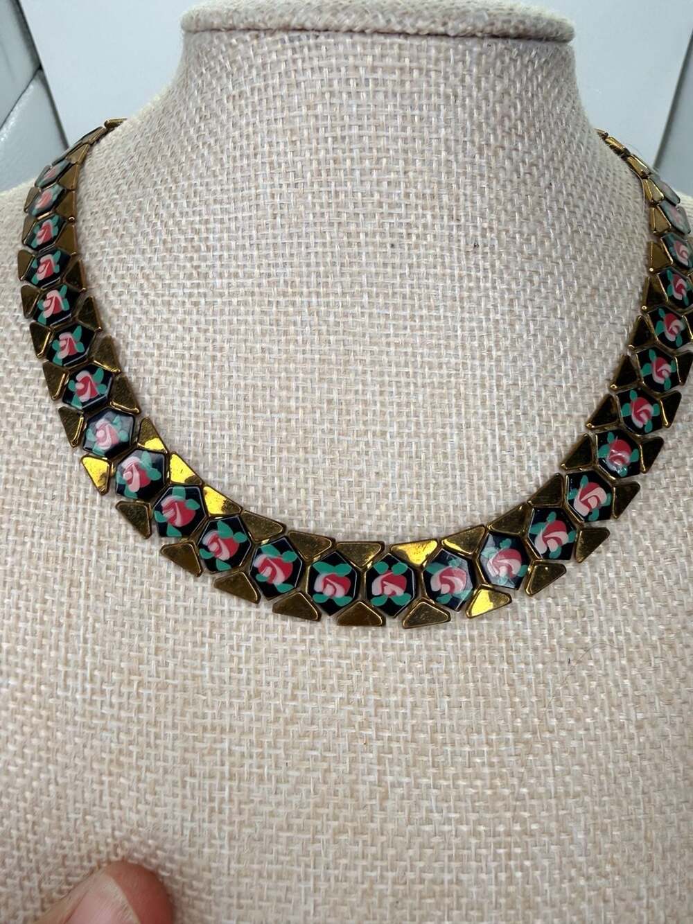 Vintage Art Deco Enameled Rose Bookchain Necklace 15 Inch